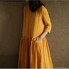 Весеннее осеннее женское платье с рукавом три четверти, Свободный Повседневный хлопковый льняное платье с карманами, платье большого размера 6XL 6XL