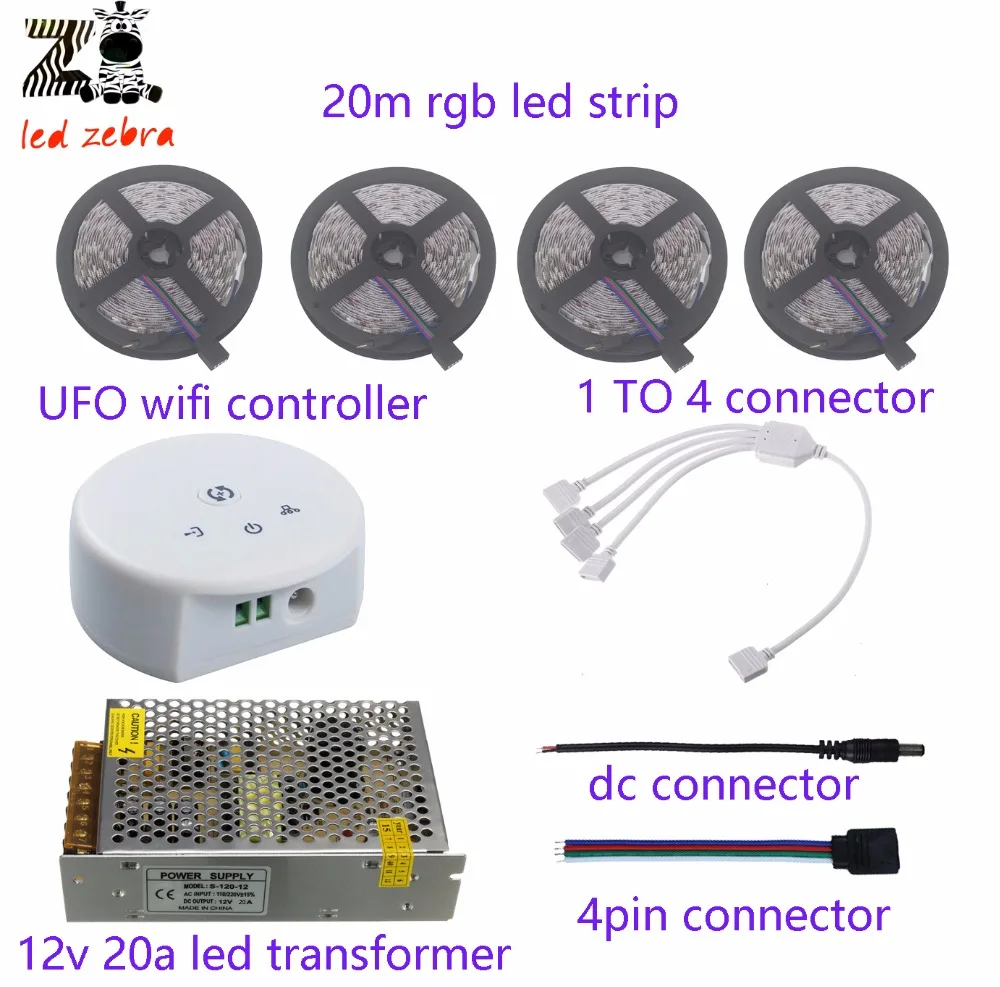 

Highlight 5m/10m/15m/20m 60led/m 5050smd rgb led strip+ufo wifi controller+led power adapter dc 12v