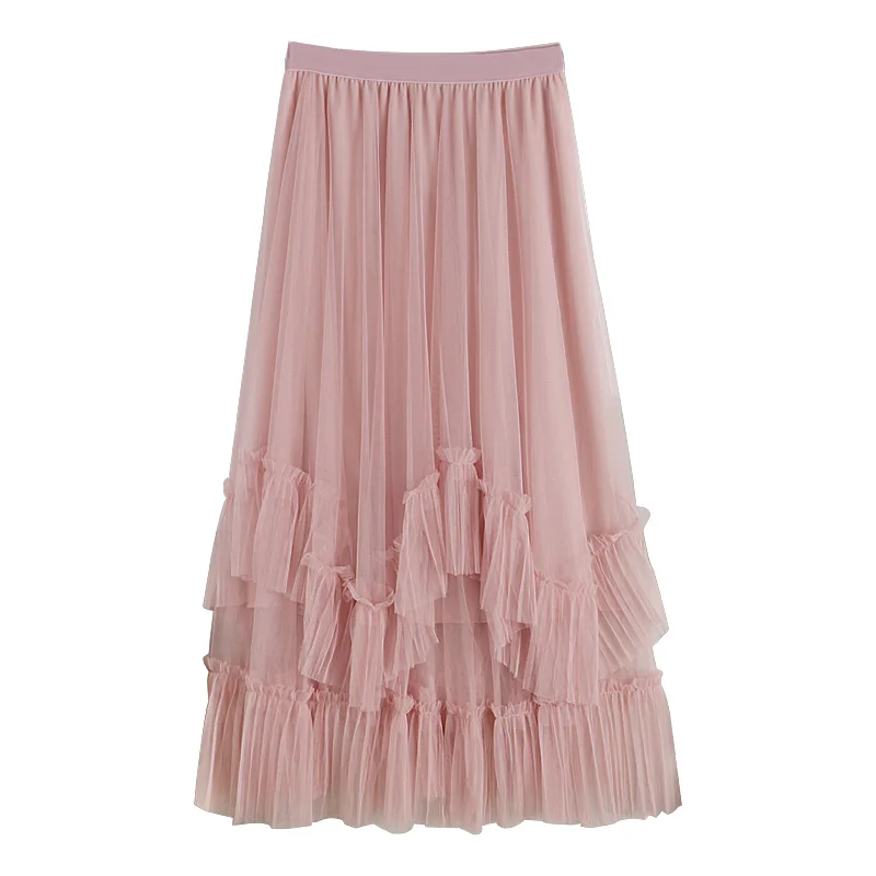 

Spring Fashion Tulle Skirt High Waist Slim Pleated TUTU Skirts Womens Double Layers Patchwork Midi Skirt Jupe Saias Faldas