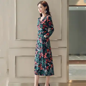 

Women Casual Slim Thin Midi Dress Female Elegant Long Sleeve V-Neck Retro Party Vestidos Spring Autumn Floral Print Dresses D254