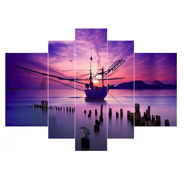 5 Pieces Canvas Art Seaside Sunset Fishing Boat Canvas Painting Home Wall Decoration For Home Oil Painting For Living Room C 651 5 Piece Canvas Art Canvas Artcanvas Painting Aliexpress