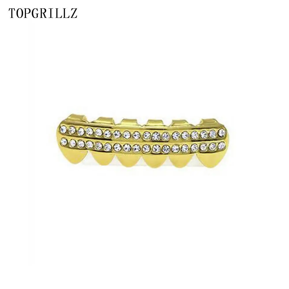 TOPGRILLZ Настоящее розовое золото цвет покрытием ICED OUT CZ зубы GRILLZ крест сверху и снизу зуб шапки Хип Хоп Bling Золотые грили - Окраска металла: Gold Bottom