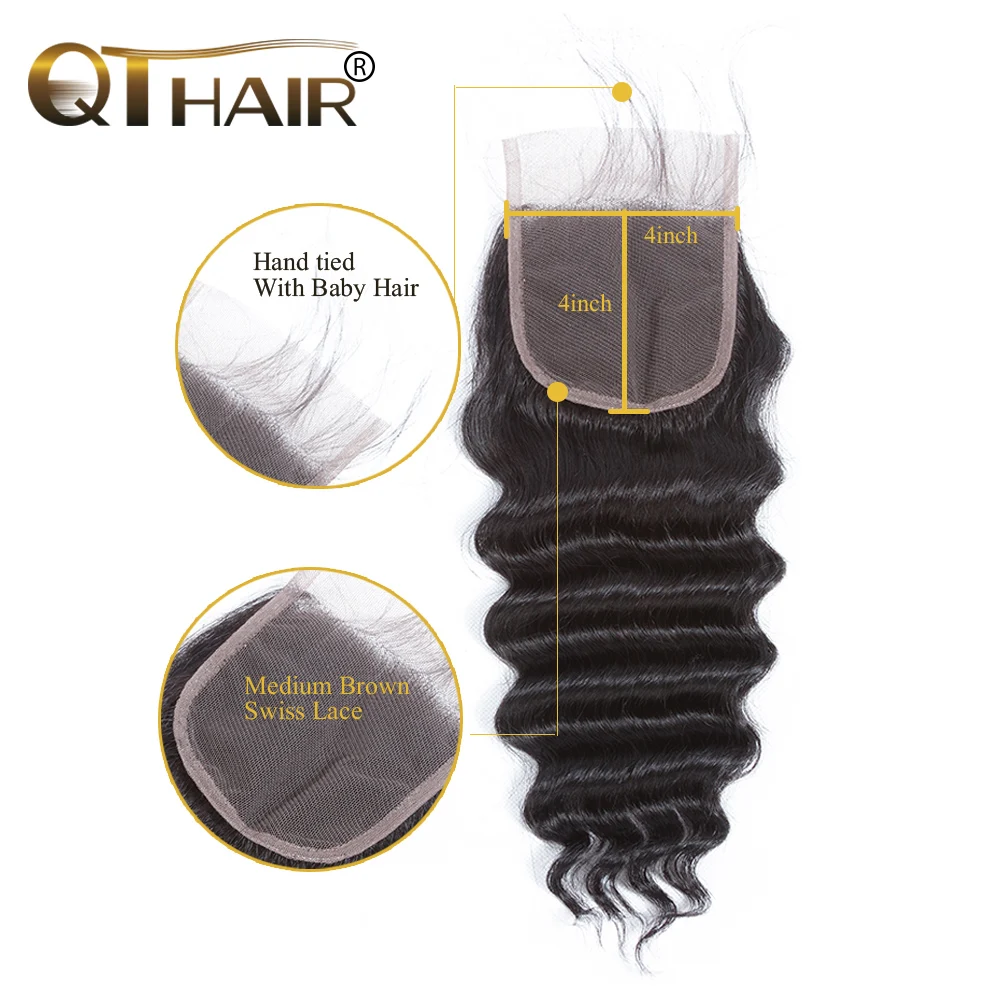 Fechamento do Laço do Cabelo Fechamento Profundo Solto Brasileira Mais Onda Laço Suíço Parte Livre Humano Remy Naturais Cor Frete Grátis qt 4*4 4 Cheap Fechos