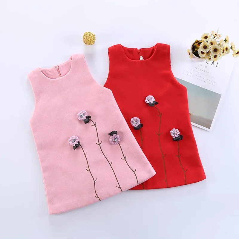 

2019 Girls Dress Flower Wool Princess Dress Red Pink Sleeveless Vest Dress Autumn Winter Kids Dresses For Girls Children Clothes