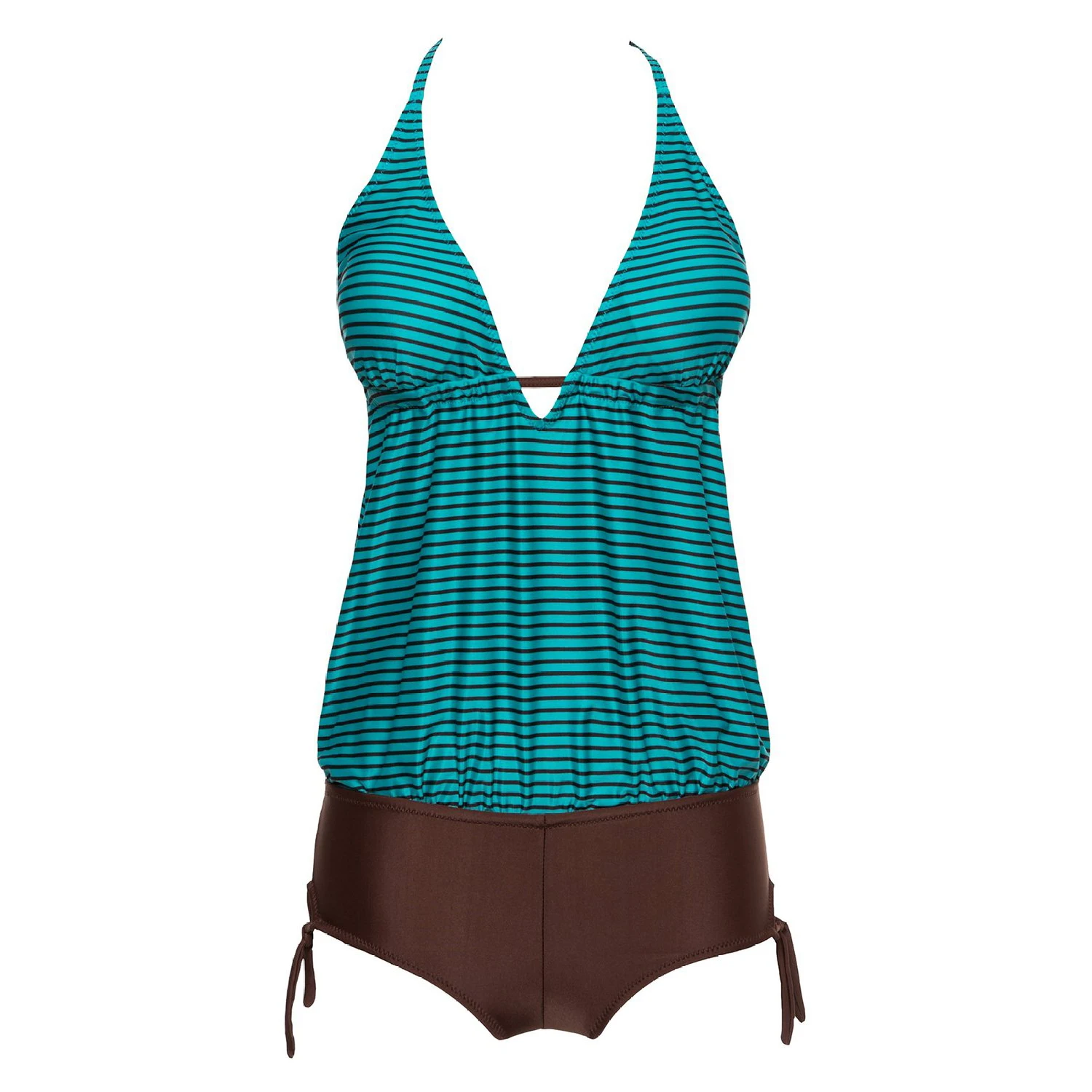 Women's Halter Deep V Backless One Piece Swimsuit Green Brownin Body