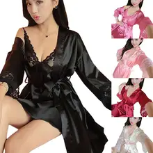 2 шт./компл., модные женские халаты, Атласный халат, ночная рубашка, сексуальное кружевное платье на бретелях, халат с длинными рукавами, одежда для сна