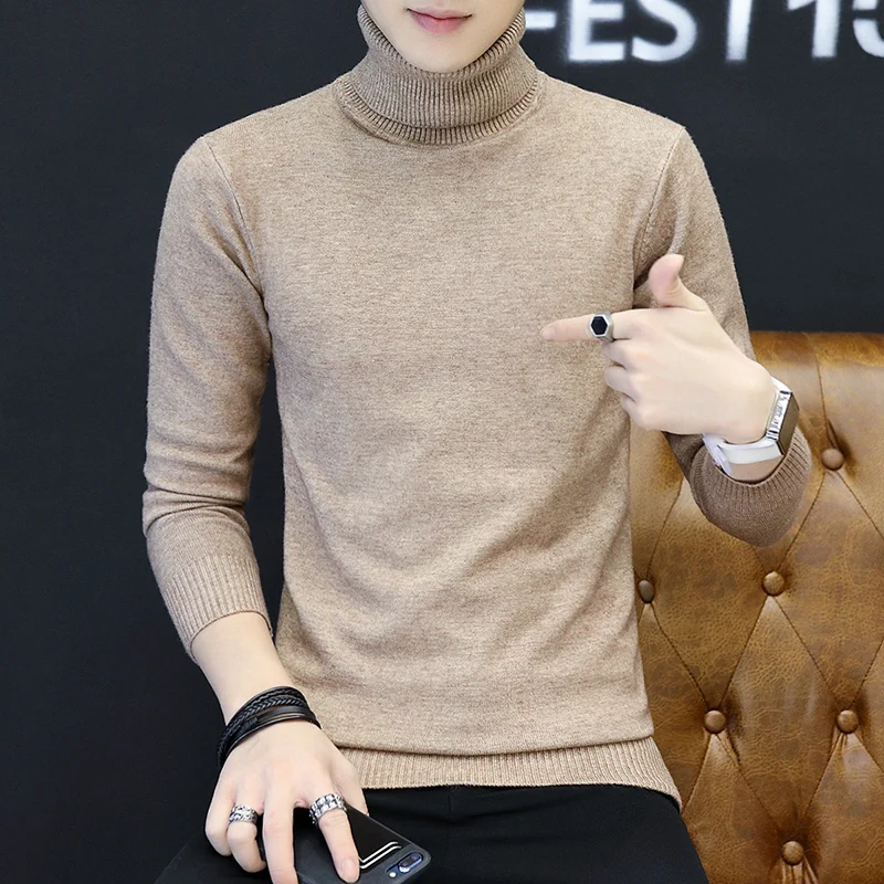  LEFT ROM 2019 Men Turtleneck Sweater Autumn Winter Solid Color Casual Sweater Men's Slim Fit Knitte