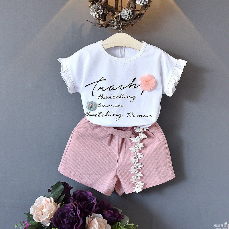 

Girls Suits White T-shirt Shorts 2pcs Children Clothing Set 2019 New Summer Casual Kids Clothes for Girl Toddler Costume