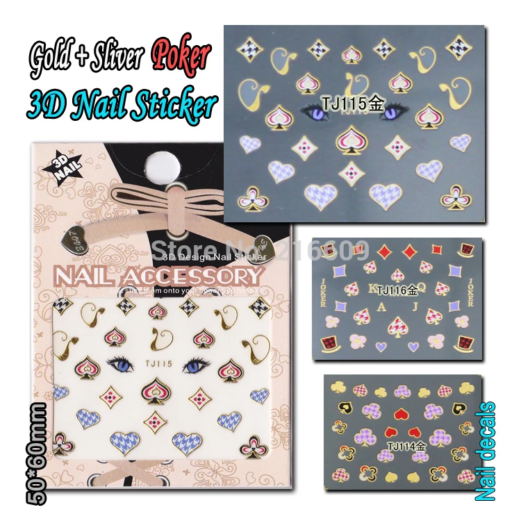 

20Sheets/Lot Mixed 3D Gold Silver Poker JOKER Nail Sticker Nail Art Decals Sticker Decorations TJ114-116