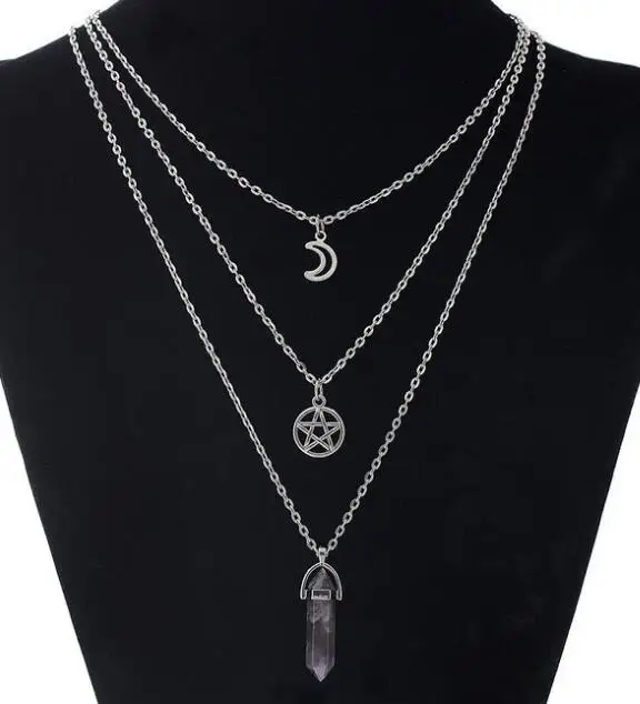 

Vintage Silver Crescent Pentagram Gun Bullet Natural Crystal Charms Choker Necklace Pendant Jewelry For Women Accessories D01