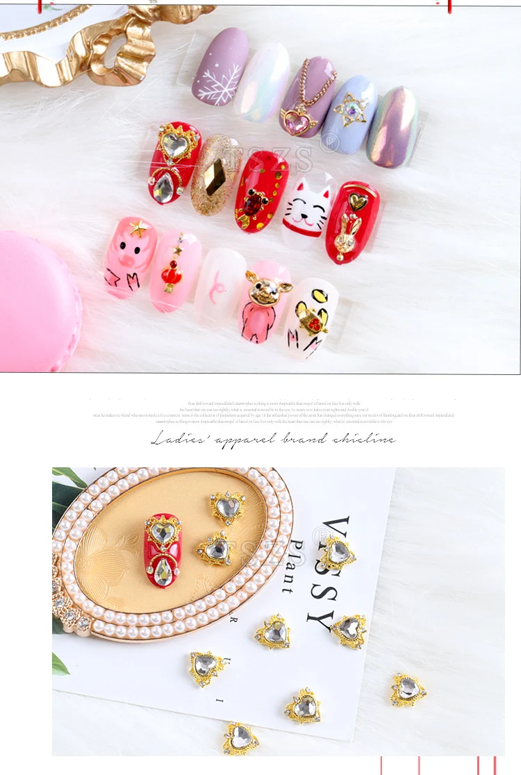 10pcs/lot New Year Feature Alloy Heart Fish Pig Rabbit Cat Head Nail Art 3d Jewelry Rhinestones Nail Tips Decorations