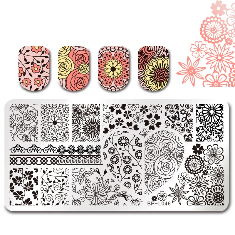 

BORN PRETTY Rectangle Nail Stamping Template Floral Design Manicure Nail Art Image Flower Pattern Print Plate Stencil BP-L046