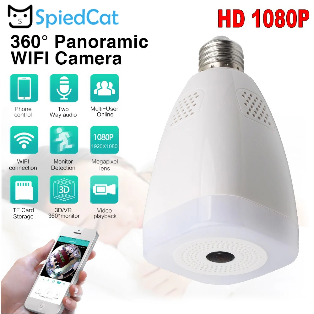 HD E27 Лампа света рыбий глаз умный беспроводной WiFi IP 360 градусов панорамный VR 1.