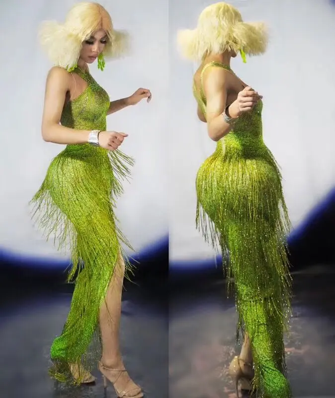 

2019 Grass Green Fringes Long Dress Big Stretch One Piece Tassel Dance Outfit Wear Nightclub Bar Show Birthday Celebrate Dresses