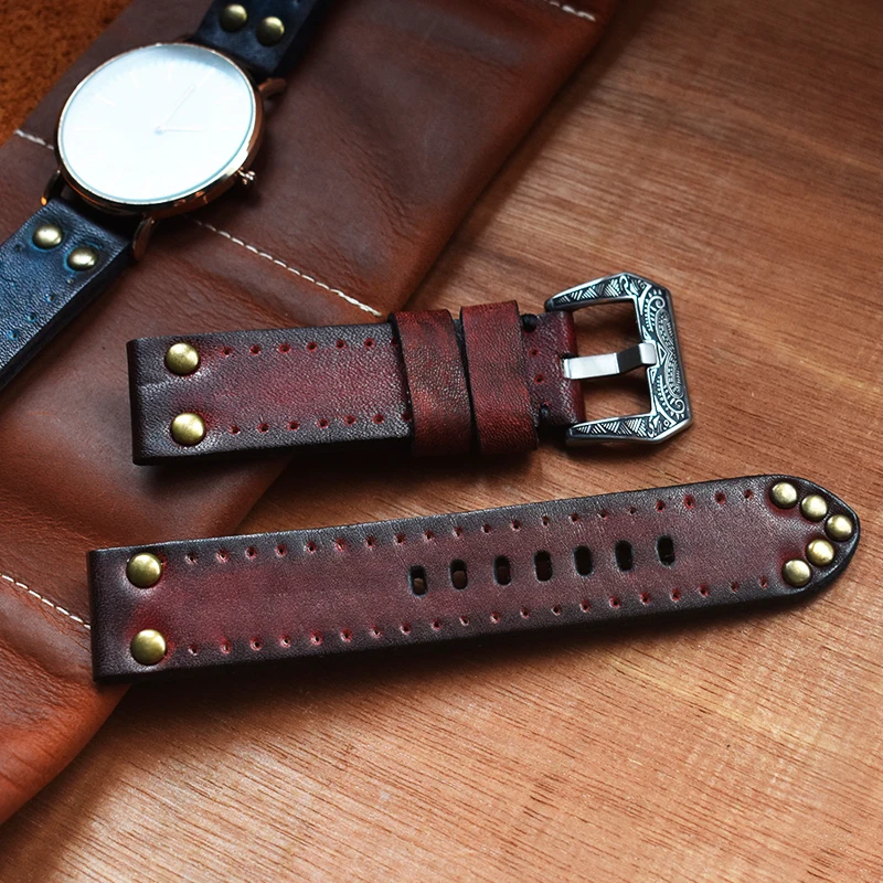 

Retro Watch Strap Leather 18mm 20mm 22mm 24mm Watch Band Strap for Panerai Brushed Stainless Stee Carved Clasp Accessories