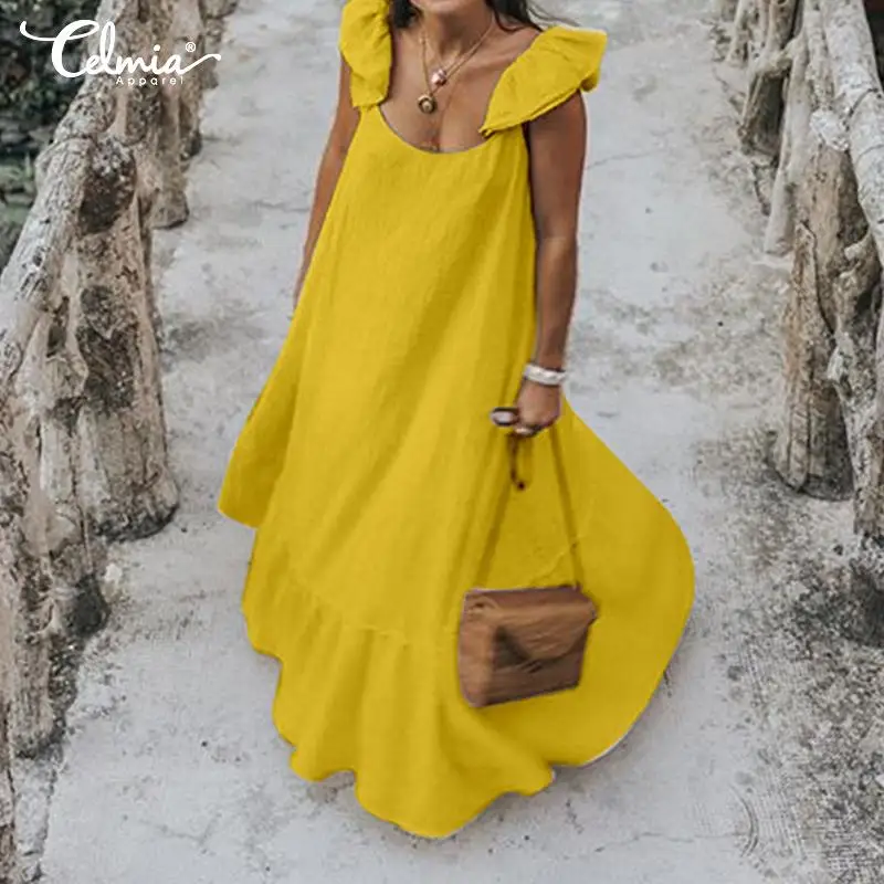 

Summer Dress 2019 Celmia Women O Neck Ruffle Sleeve Long Maxi Dresses Solid Casual Loose Beach Bohemian Vestidos Plus Size Robe