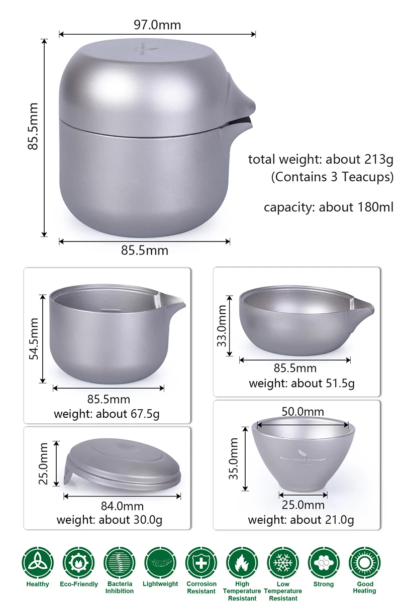 Безграничный Вояж открытый титановый чайник с 3 чашками чайное ситечко, заварник чайный набор Кемпинг двойная посуда слоями