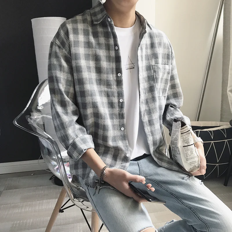 

2019 New Fashion 100% Cotton Casual Camisa Masculina Korea Style Indie Pop Plaid Long Sleeve Men Shirt