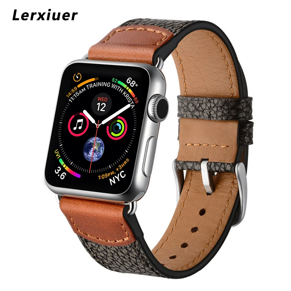 

Genuine Leather strap for apple watch 44mm 40mm band iwatch series 4 watchband stone pattern wrist bracelet belt accessories