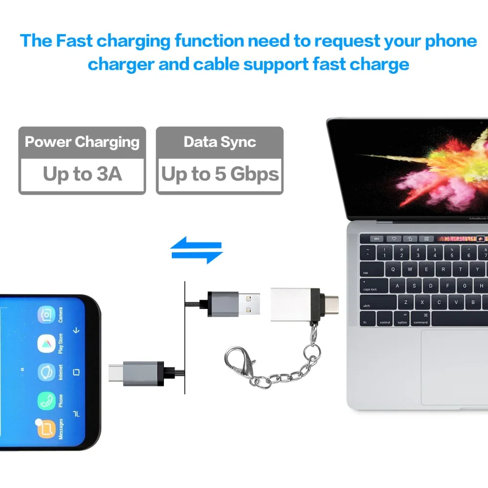 Tongdaytech 2 шт Тип C адаптер USB-C USB-A OTG адаптер конвертер с брелок для Macbook для samsung Note 8/S8/LG G5 G6