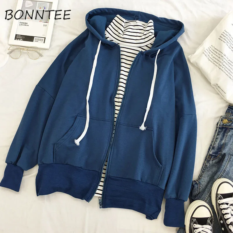 

Hoodies Hooded Loose Zipper Women Pockets Solid Drawstring Casual Fashion Womens Sweatshirts Korean Style Simple Pullover Daily