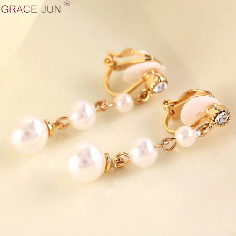 

GRACE JUN Hot Sale Rhinestone Simulated Pearl Clip on Earrings No Pierced for Women Luxury Gold Color No Hole Earrings Wholesale
