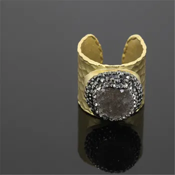 

Exclusive druzy crystal quartz stone paved rhinestone ring charm natural purple stone ring in gold color for women