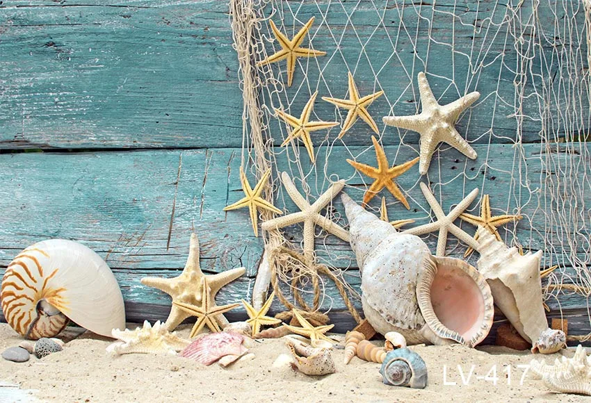 Фон для фотосъемки летний праздник морской пляж Морская звезда рыболовная сеть дерево фон для фотосъемки День рождения баннер студийный фон