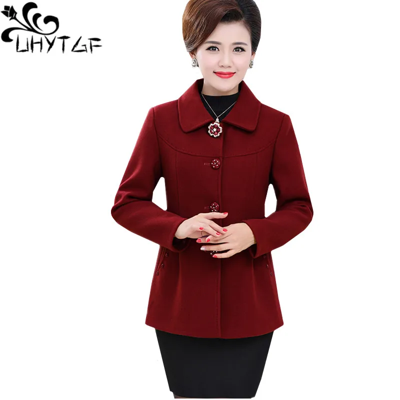

UHYTGF Middle-aged Womens Autumn Winter Woolen Outerwear Single-breasted loose Lady jacket Temperament Ladies plus size Coat1157