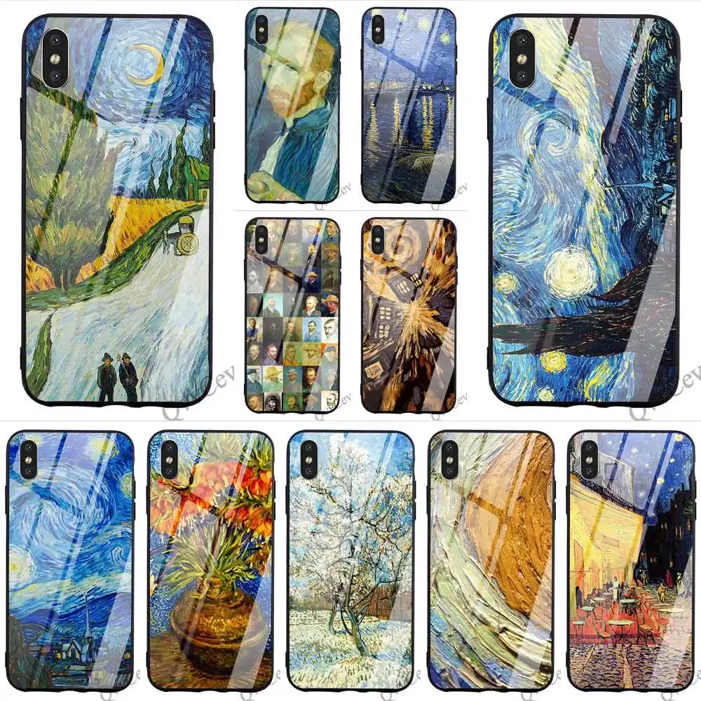 

Pattern Van Gogh Tardis Painting Tempered Glass Phone Cover for iPhone SE Case X XR 5 7 8 Plus 6 6S 5S Xs Max 11 pro Backshell