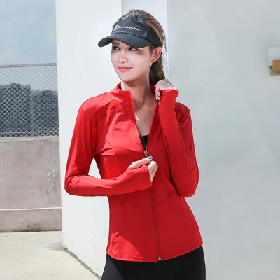 Женский топ для йоги с длинным рукавом, сетчатая быстросохнущая Спортивная футболка, дышащая куртка для бега, толстовка на молнии, одежда для тренировок и фитнеса - Цвет: Red Yoga Shirts