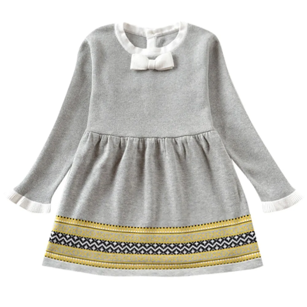 

Kids Dresses For Girls Cute Bow Knitted Sweater Casual Dress Winter Pullovers Crochet Dress Tops Clothes платье для девочки F4