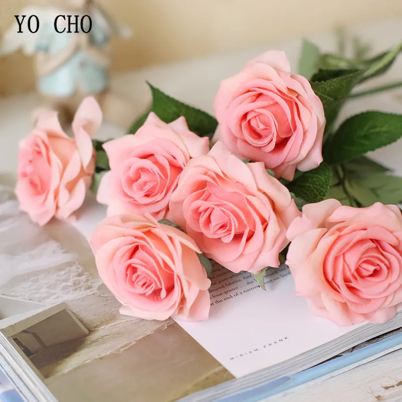 

YO CHO 1 Head Real Touch Red Roses Artificial Pink Silk Flower Bouquet 1 Branch White Wedding Party Decoration Artificial Flower
