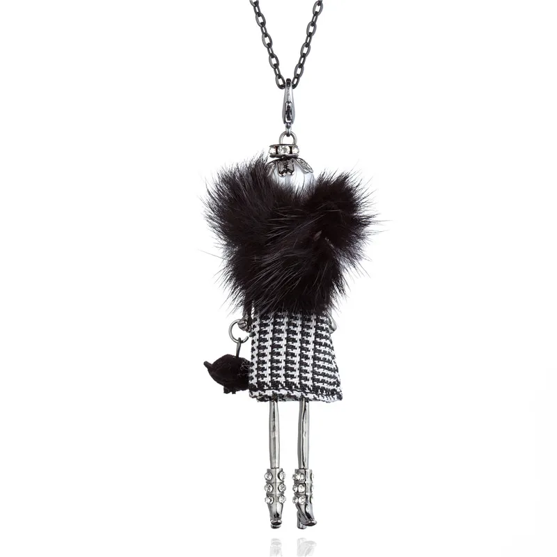 

Elegant Plaid Fur Dress Doll Necklaces&Pendants Floral Handbag Dancing Girl Long Chain Statement Jewelry For Women Bijoux