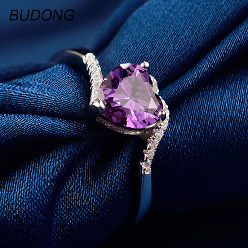 

BUDONG Real 925 Sterling Silver Ring Fashion Amethyst Heart Stone Solitare Engagement Ring for Women Fine Jewelry Size 5/6/7