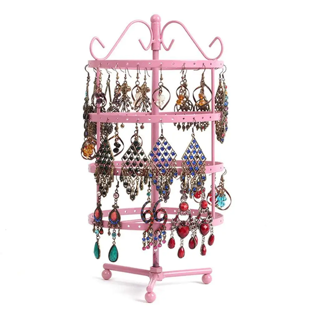 

SZanbana Pink 4 Tiers Metal 144 Holes Round Rotating Spin Table 72 Pairs Earring Holder Jewelry Stand Display Rack Towers