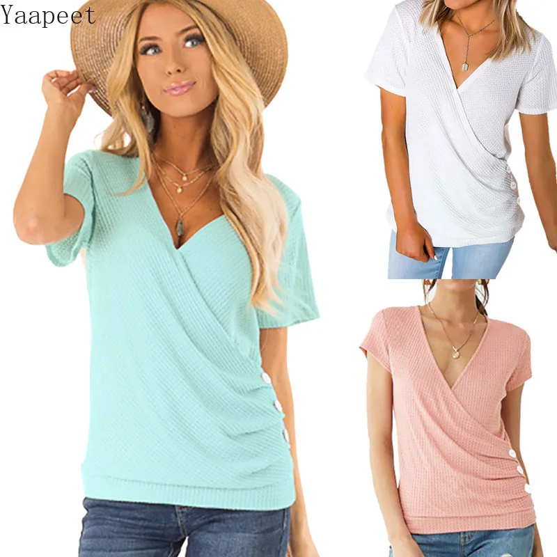 

New Summer 2019 Casual Button T-Shirt V-Neck Women Irregular Slim Short Sleeved T-Shirts Fashion Solid Plus Size Female Tops