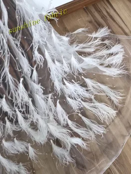 

bridal french lace fabric ZH1861037 3d feather Beaded Embroidery lace fabric for women in white colour