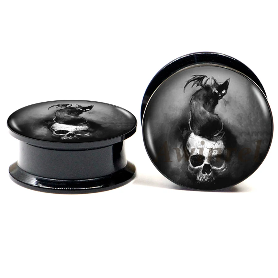 

PAIR OF Skull Black Cat Ear Gauge Plugs Acrylic Screw Fit Flesh Tunnel Eyelet Body Piercing Jewelry 2 Pieces ASP0203
