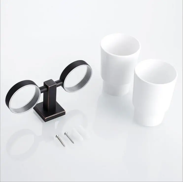 Black bathroom hardware pendant copper material black bronze rinse cup ceramic cup holder double holder 9037K