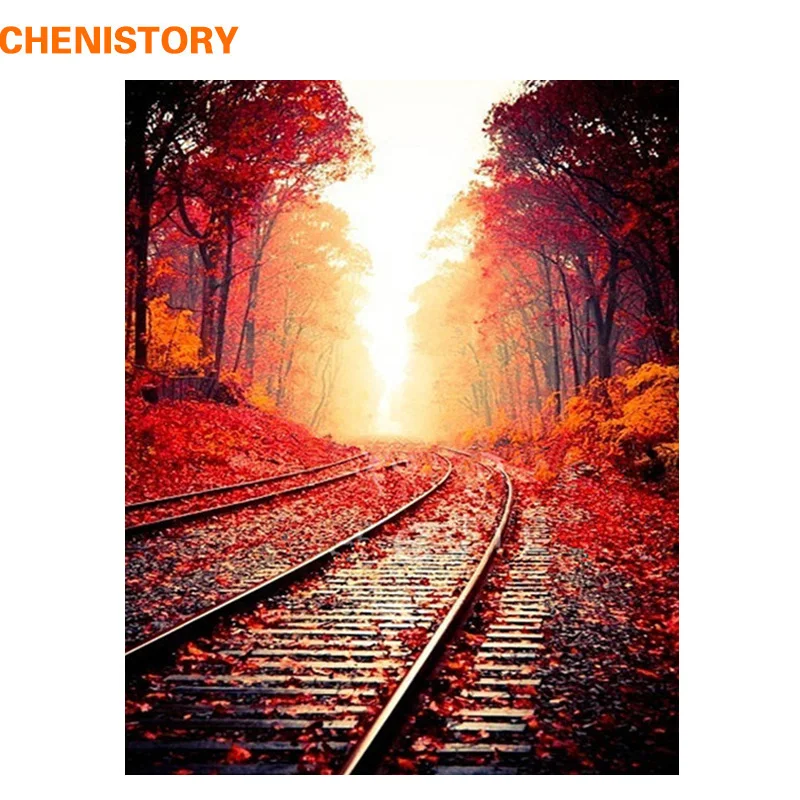 CHENISTORY Безрамная Осенняя железная дорога DIY живопись по номерам | Картина по номерам -32850989769