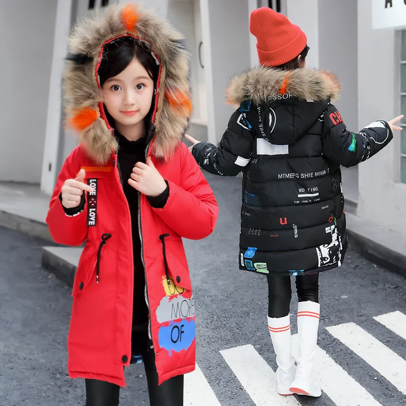 

2018 Fur Hood Jacket for Girls and boys winter coat Children Snow Wear Parka Thick Cotton-Padded Winter Jacket for kids
