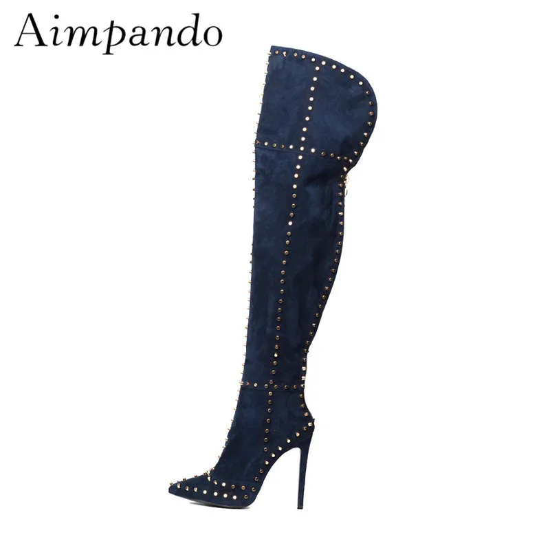 

Silver Rivet Thigh High Boots Stiletto Heel Pointed Toe Suede Black Blue Over The Knee Boots 2020 Runway Botas Mujer
