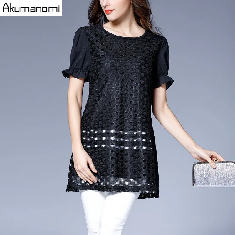 الصيف الدانتيل نقطة بلوزة النساء الملابس السوداء س الرقبة فانوس قصيرة الأكمام قميص قمم أزياء زائد حجم 5xl 4xl 3xl 2xl xl l