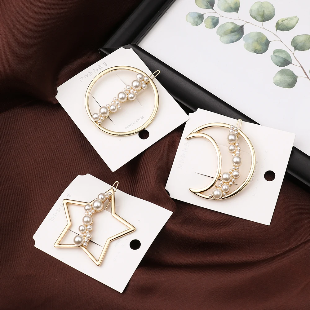 

2019 Cute Imitiation Pearl Star Moon Shape Hairpins Metal Gold Color Hair Clips Crystal Hairgrips Hair Accessories for Women