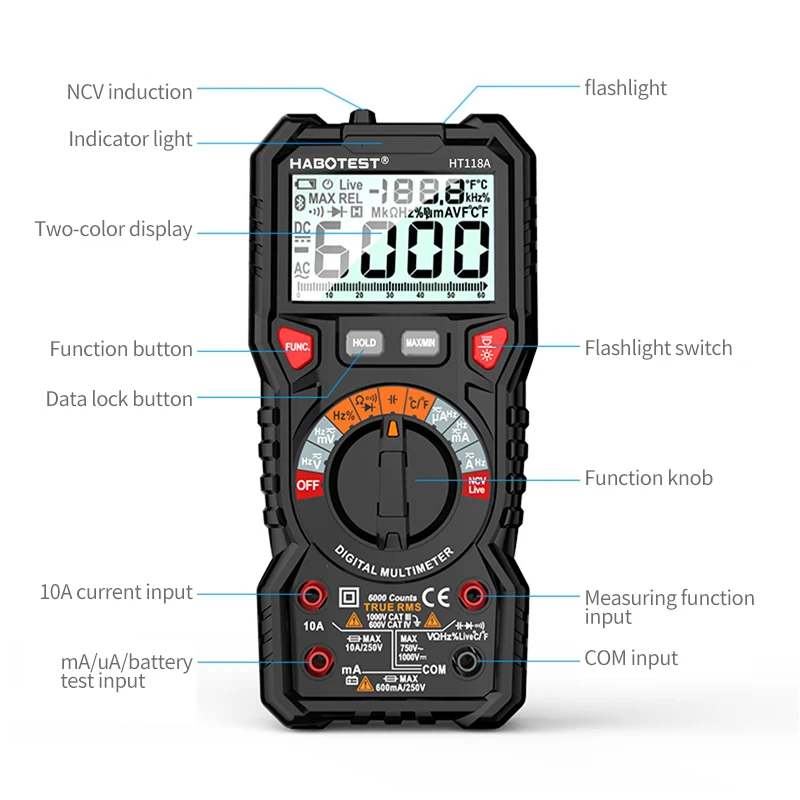 HABOTEST HT118A / C D Цифровой мультиметр Автоматический диапазон NCV True RMS AC DC 6000 отсчетов