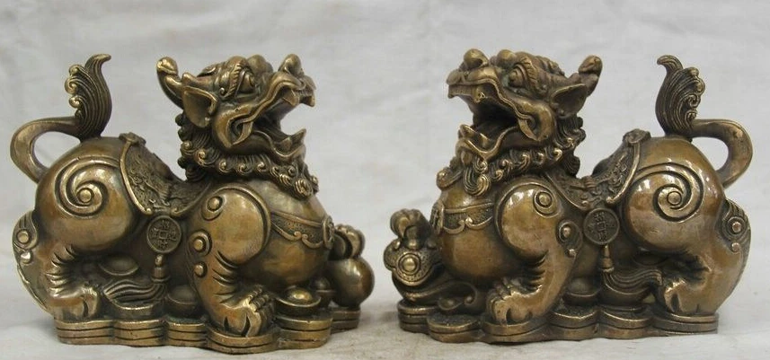

zhaorui488407++7 China Folk Fengshui Copper Wealth Pi Xiu Unicorn Beast Ball Ru Yi Statue Pair