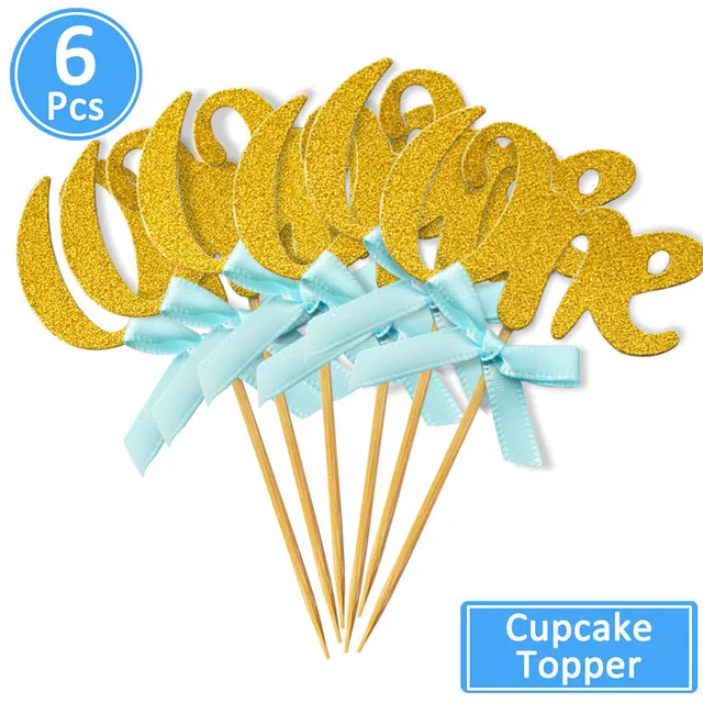 First Birthday One Cupcake Topper 1st Years Boy Girl DIY Party Decorations 1 Year Old Baby Birthday Decor Kids 6pcs gold blue one