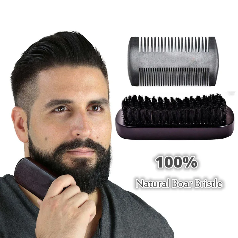 

100% Natural Boar Bristle Brush & Beard Comb Set for Men Handmade Pear Wood Comb for Beard Care Mustache Styling Grooming Kit
