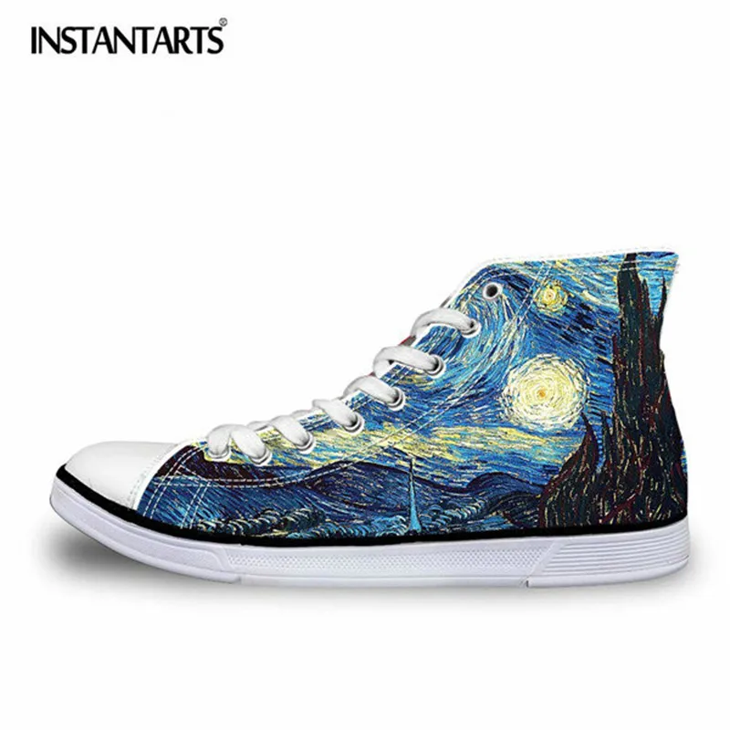 Preise INSTANTARTS Mode Männer Hohe Top Leinwand Schuhe Kühlen 3D Hand Malen Kunst Druck Spitze up Vulkanisieren Schuhe Männlichen Komfort flache Schuhe